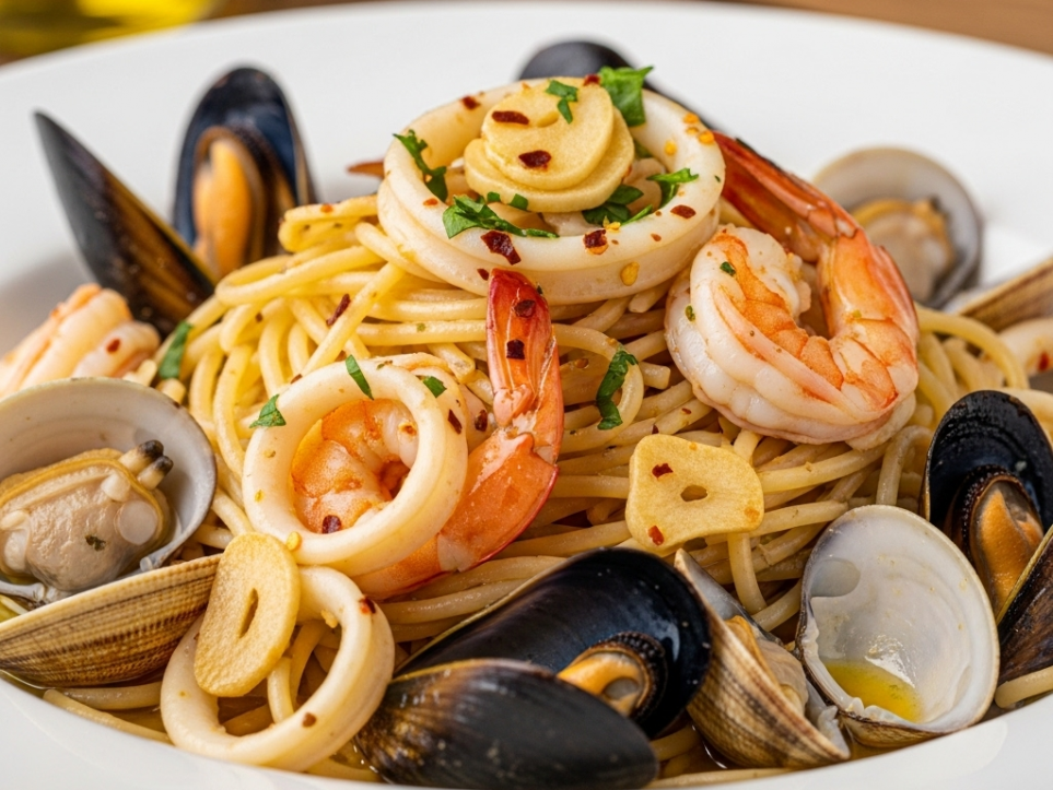 Spaghetti mit Meeresfrüchten, darunter Muscheln, Garnelen und Calamari, zubereitet mit Knoblauch, Olivenöl und Petersilie.