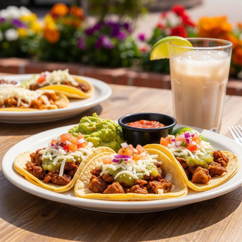 Drei Tacos auf einem Teller, gefüllt mit Fleisch, geschmolzenem Käse, Salsa und Guacamole, daneben ein Getränk mit Limettenscheibe. Im Hintergrund blühen bunte Blumen.
