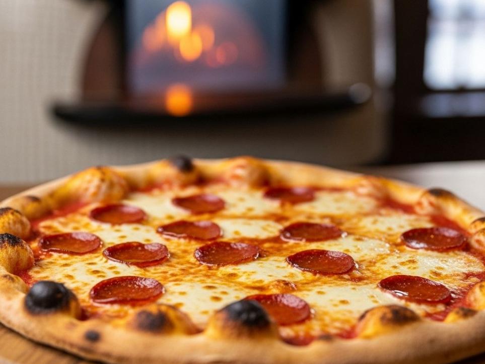 Pizza serviert auf einem Brett