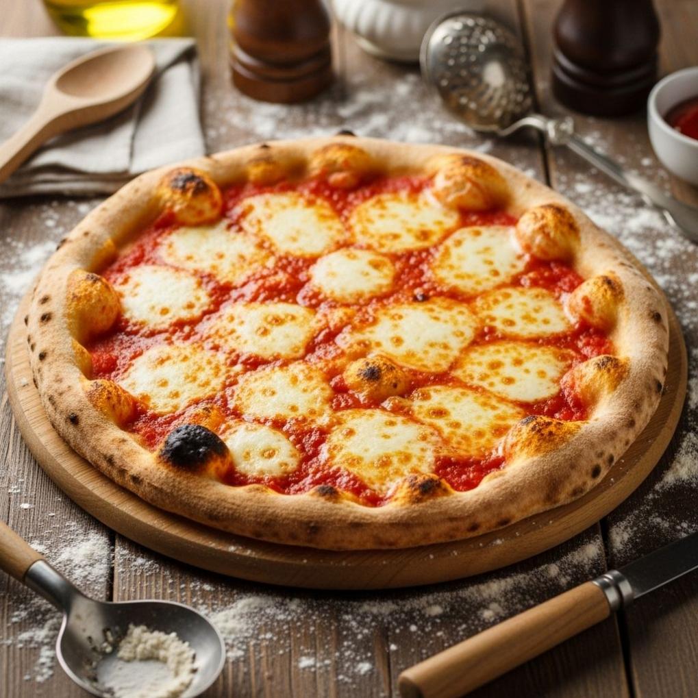 Klassische Margherita Pizza mit Tomatensauce und großen Kugeln von Mozzarella, auf einem Holzteller liegend, umgeben von Küchenutensilien.