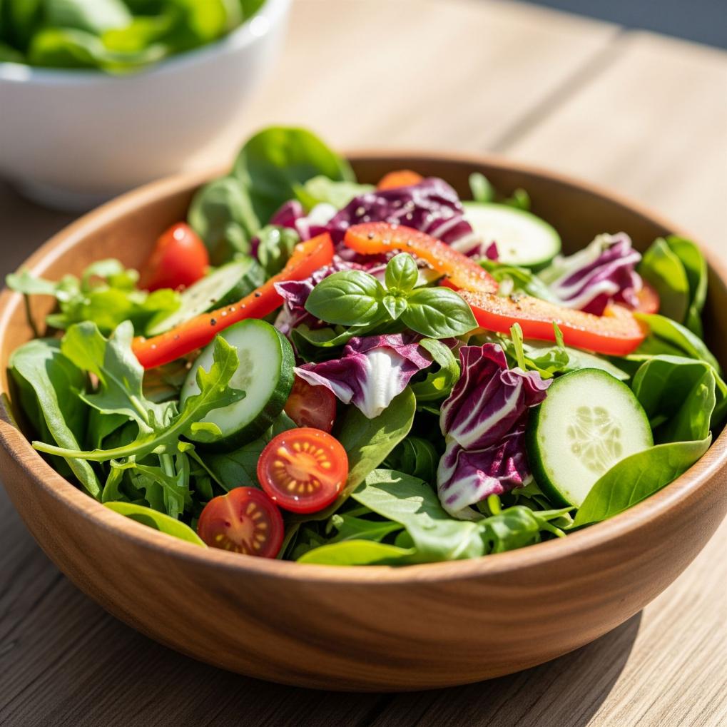 Frischer gemischter Salat in einer Holzschale, bestehend aus grünen Blattsalaten, Rucola, Gurkenscheiben, roten Paprikastreifen, Kirschtomaten und Radicchio.
