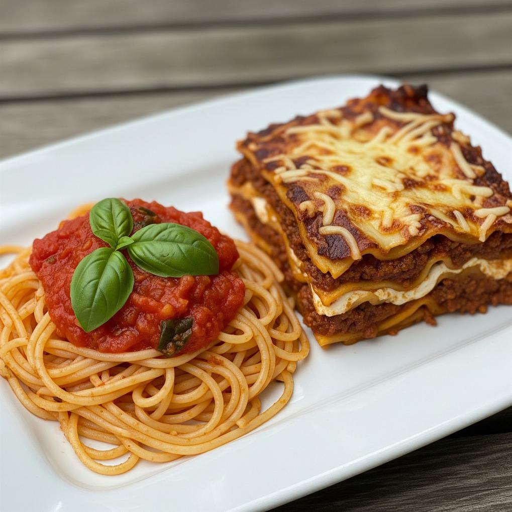 Ein weißer Teller mit einem Stück Lasagne und einer Portion Spaghetti mit Tomatensoße, garniert mit frischem Basilikum.