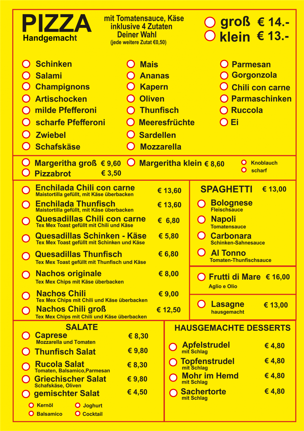 Speisekarte von Cafe-Pizzeria Turm in Köflachm mit den Kategorien Pizza, Quesadillas, Spaghetti, Nachos, Salate, hausgemachte Desserts und den jeweiligen Preisen.