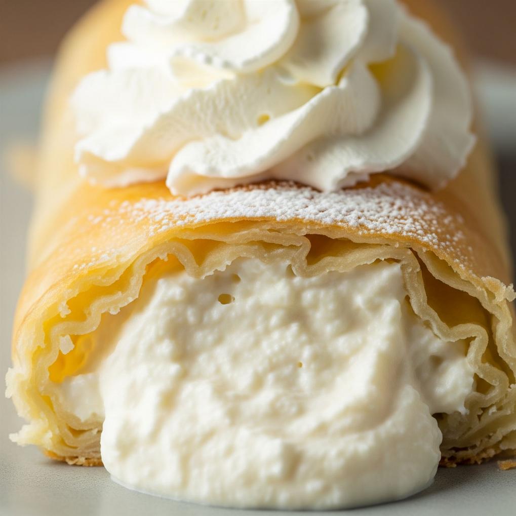 Schnittbild eines Topfenstrudels, der aus einem goldbraunen Teigmantel und einer dicken, cremigen Quarkfüllung besteht, garniert mit einem großen Klecks Schlagsahne und Puderzucker.